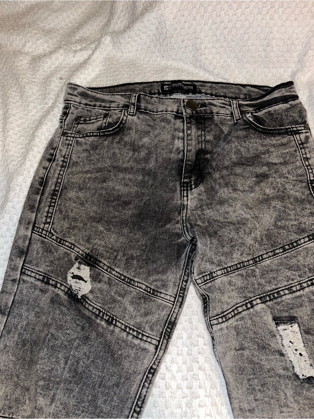 **Women's** — Sacred Crown is a women's/juniors denim brand, and the moto fit an